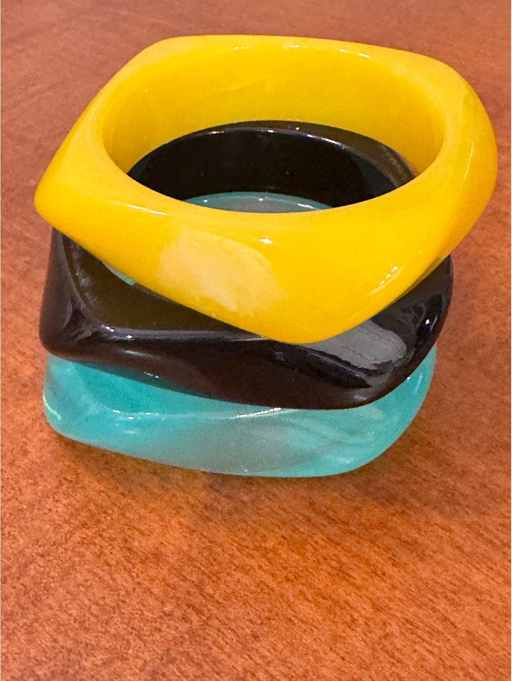 Set of 3 Vintage Square Resin Bracelets in Yellow, Black, and Turquoise